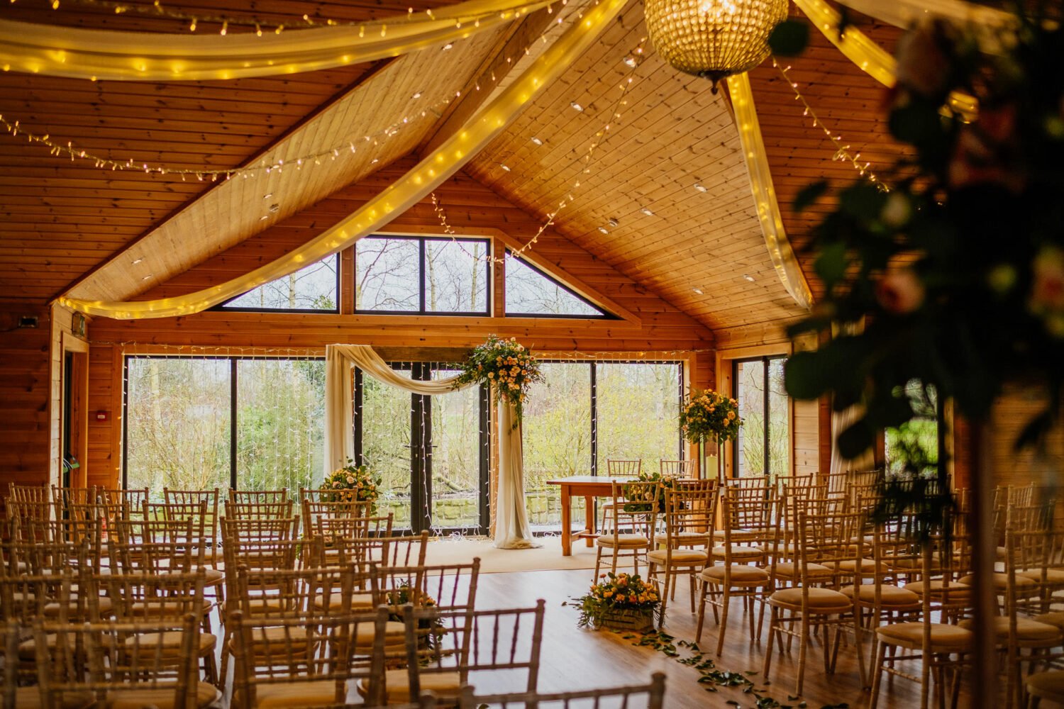 wedding ceremony styling with large windows