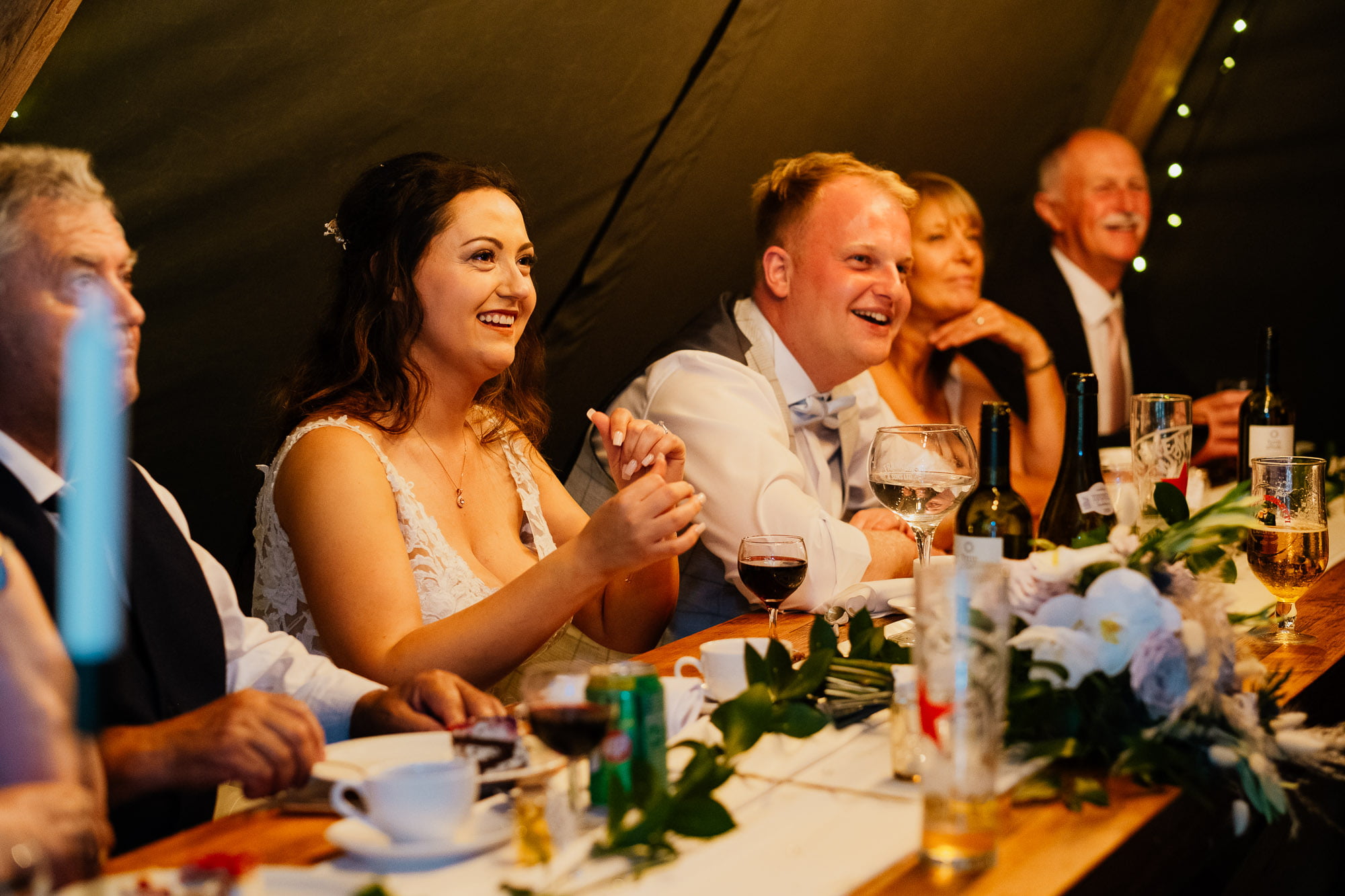 Bride reacting to speech in cockley wood tipi
