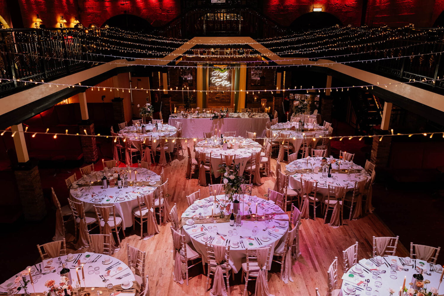 The wedding breakfast at The Engine Shed with round tables