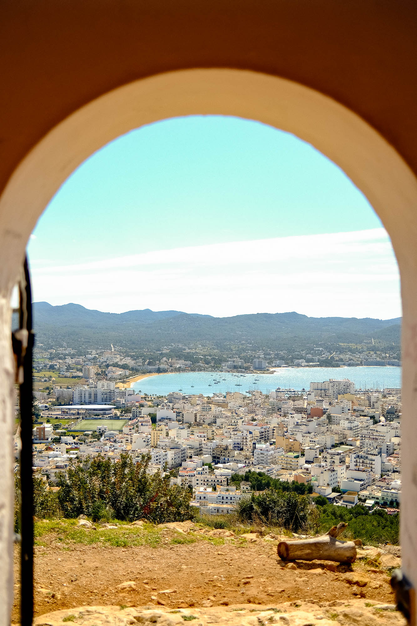 View through an archway of San Antonio Bay