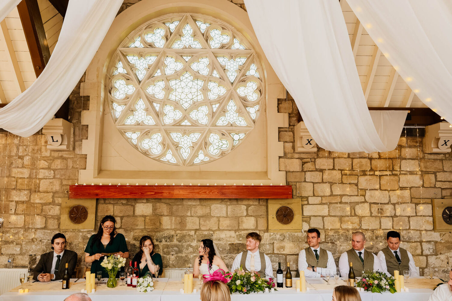 Top table during wedding speeches at Fielden Hall