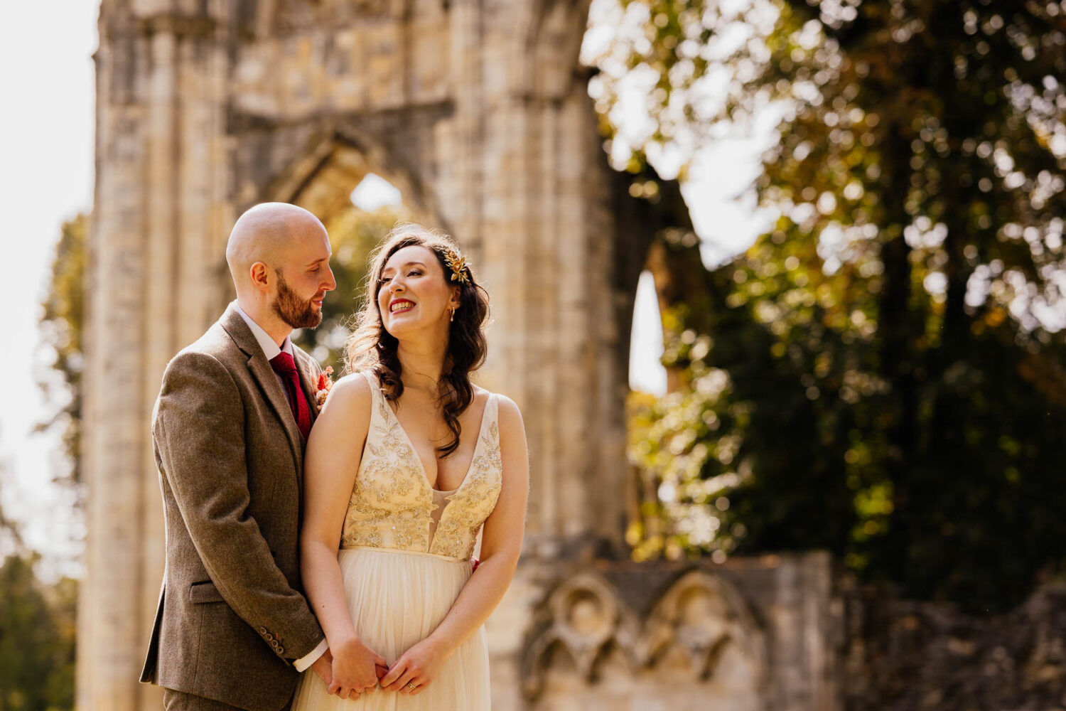 Bride and groom in York Museum Gardens