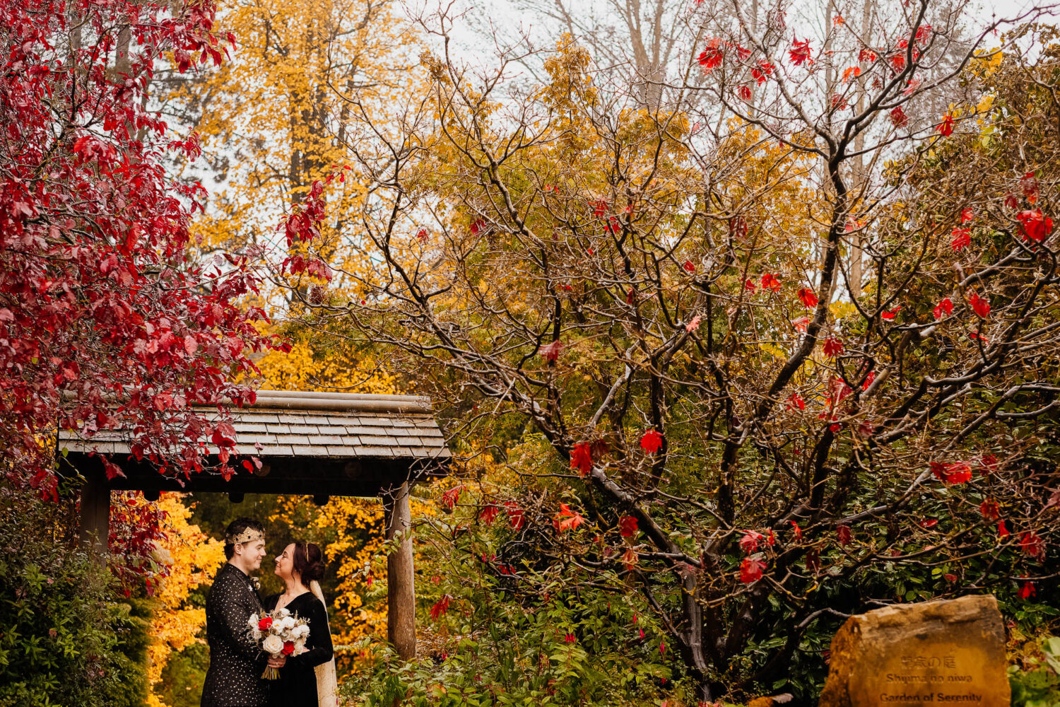 Couple portrait in Japanese gardens in Harrogate