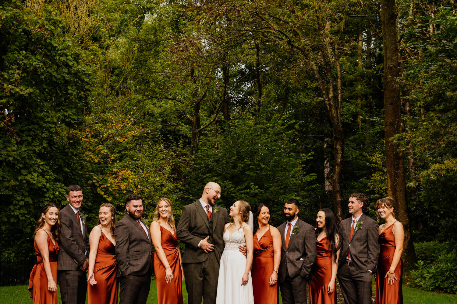 Wedding party group photo at The Woodman Inn