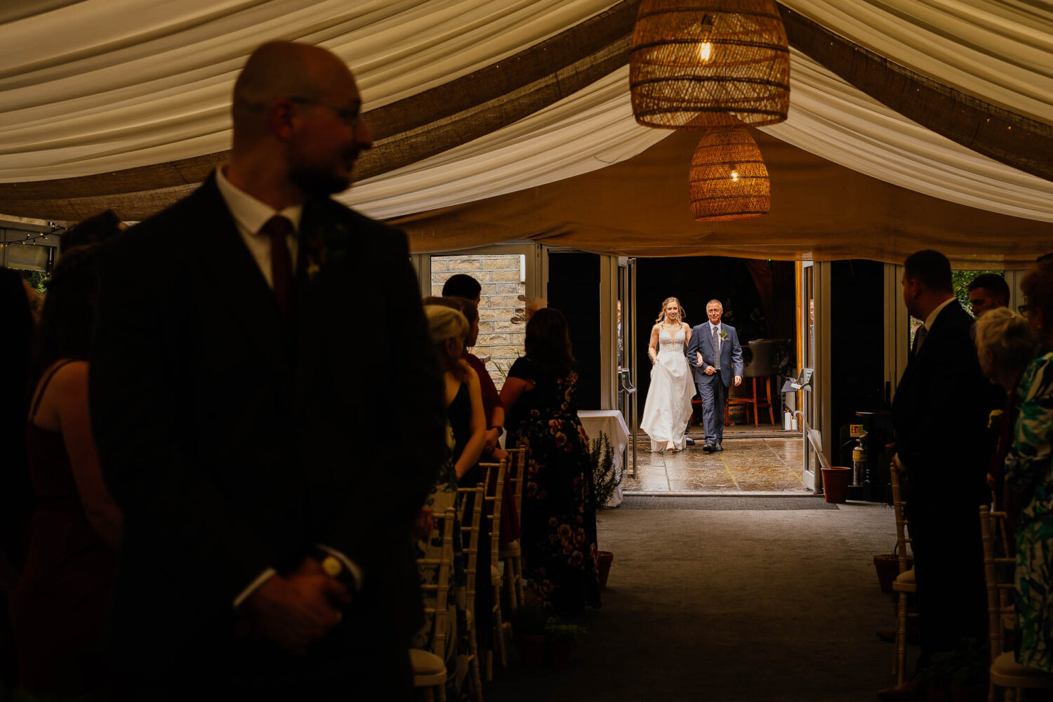 Bride arriving into Garden Room at The Woodman Inn