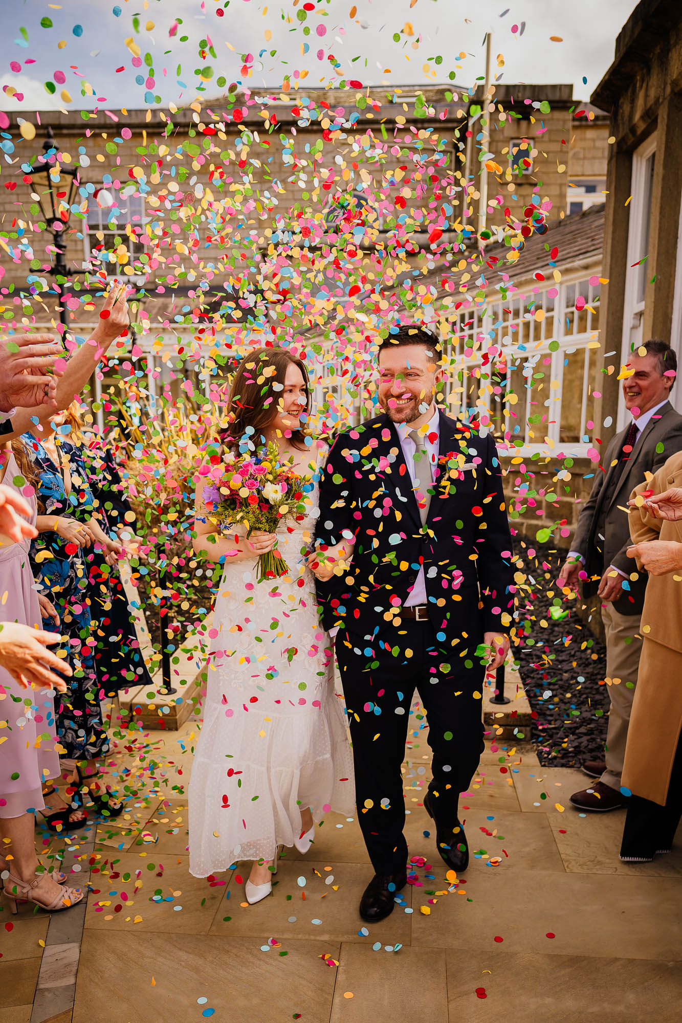 Confetti exit for couple outside Harrogate Register Office