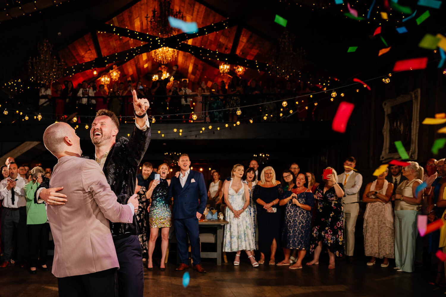 Grooms first dance at Wharfedale Grange with confetti cannons just about to go off