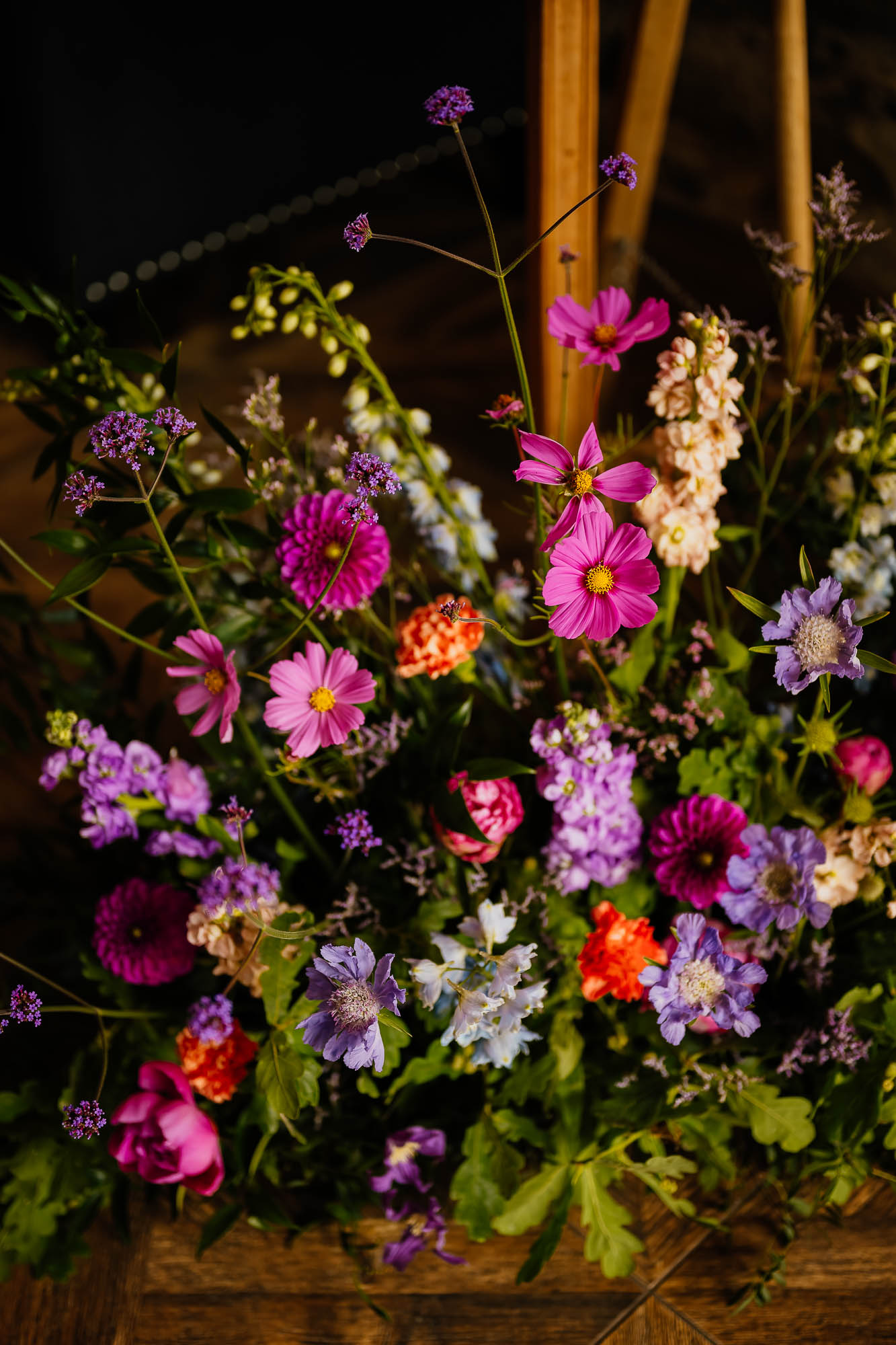 Wharfedale Grange floristry with pink, purple, blue and orange flowers
