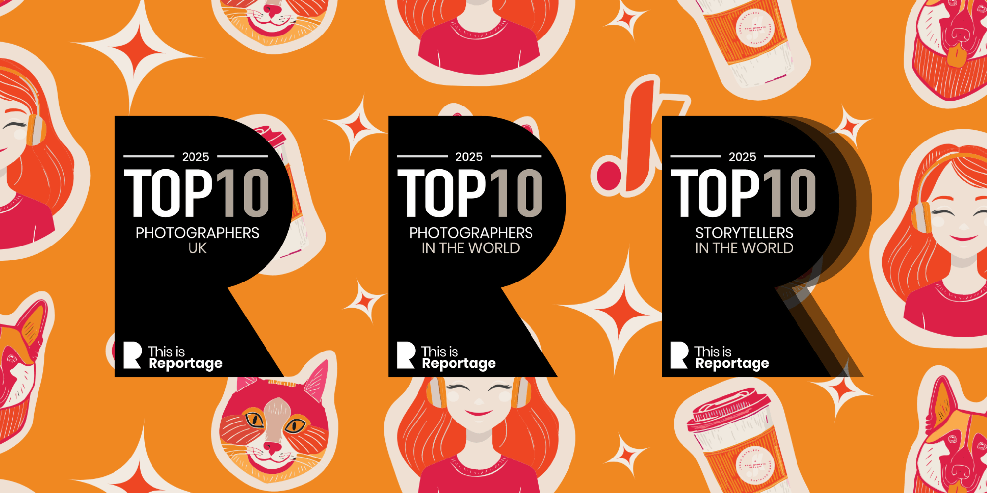 This is Reportage 2025 award badges for top 10 photographers in the world & uk