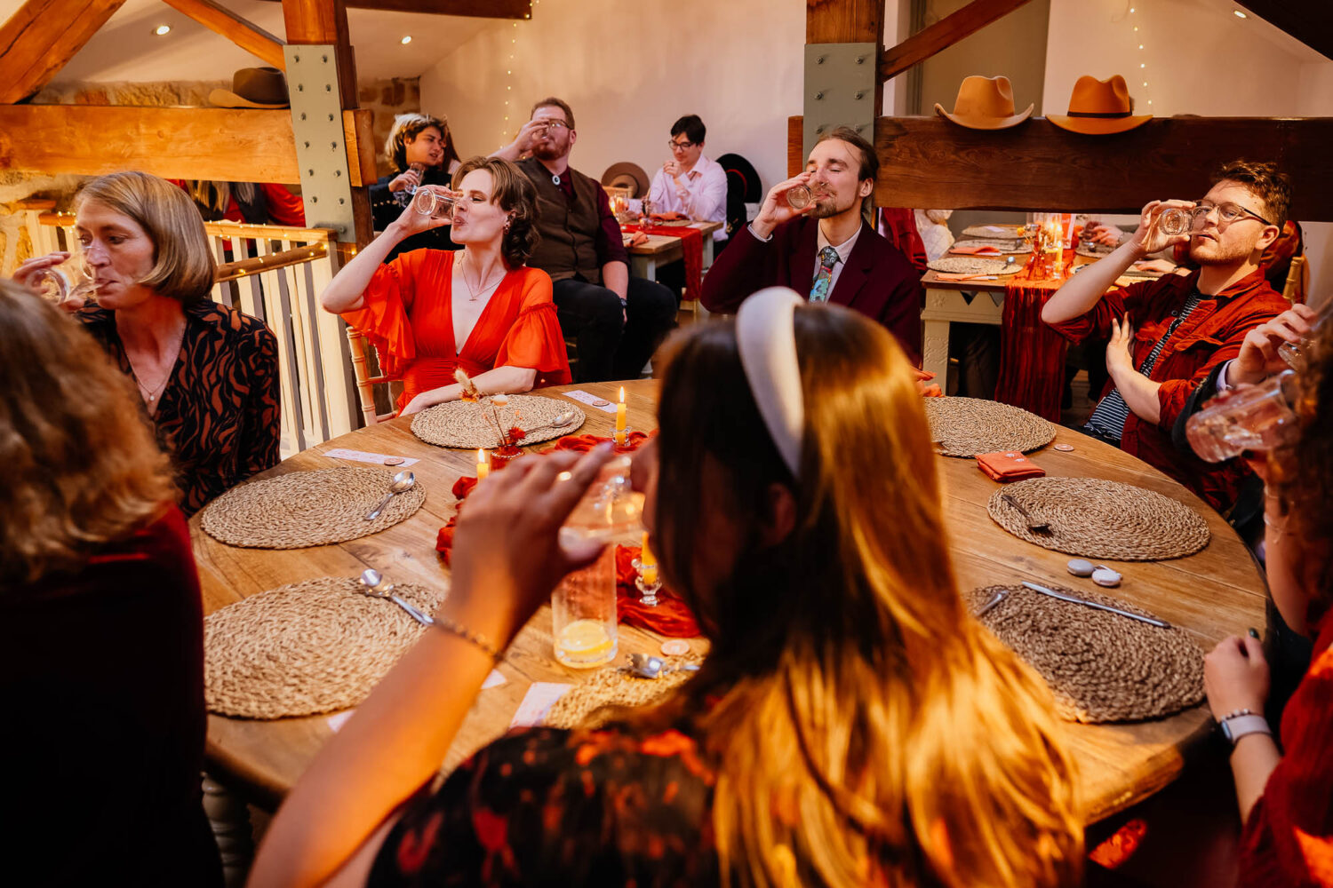 All guests taking a drink at the same time
