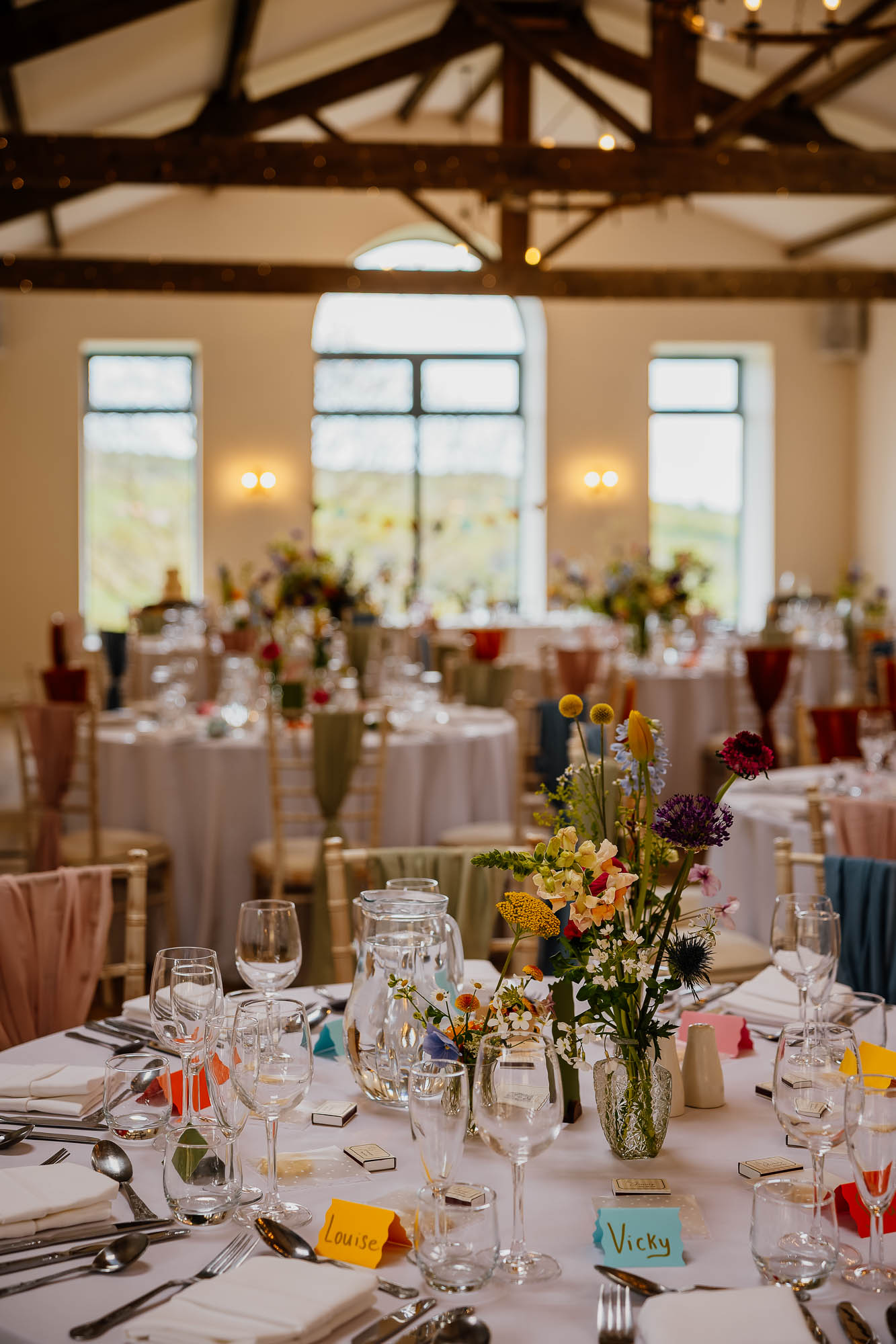 Wedding breakfast set up in The Daleview Barn at Danby Castle